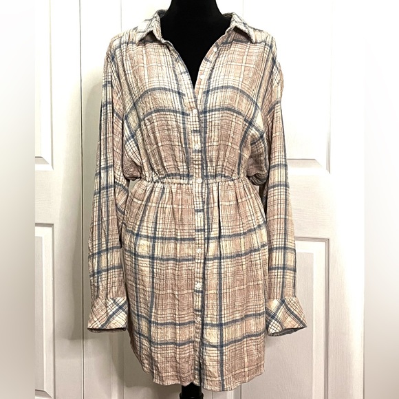 Free People Elai Plaid Check Open Back ShirtDress Ivory Combo size Large - Picture 5 of 15